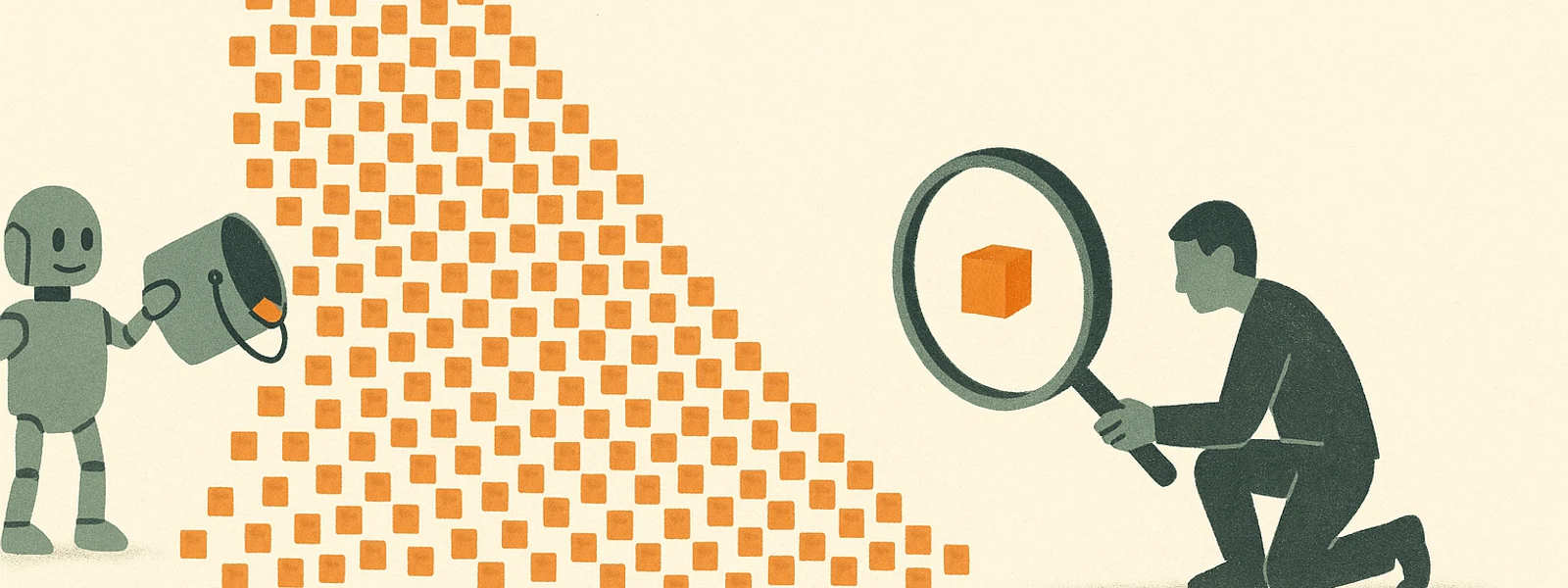 A small robot pouring out a mountain of orange cubes while a human examines a single cube through a magnifying glass