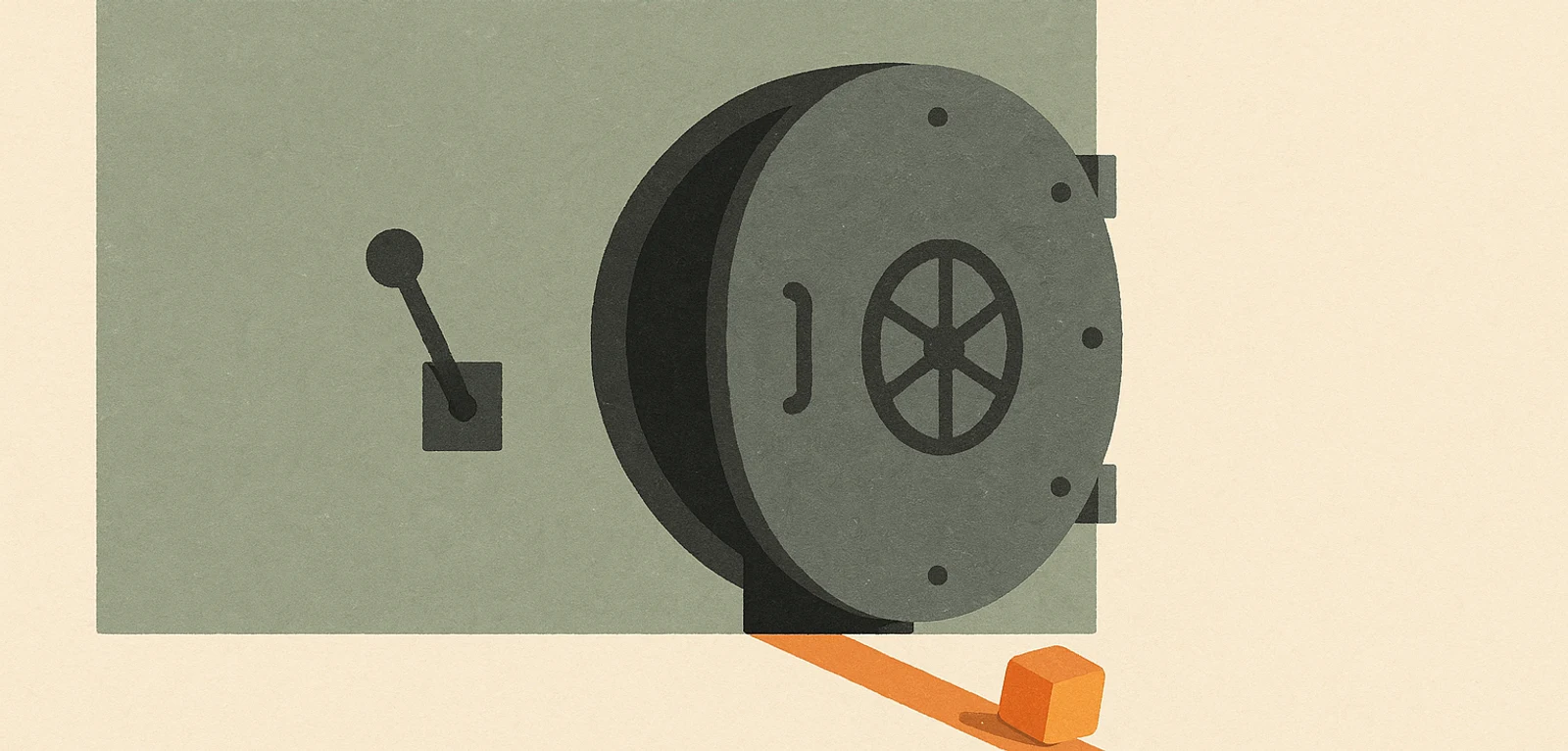 A round vault door slightly ajar, a small orange cube rolling through
