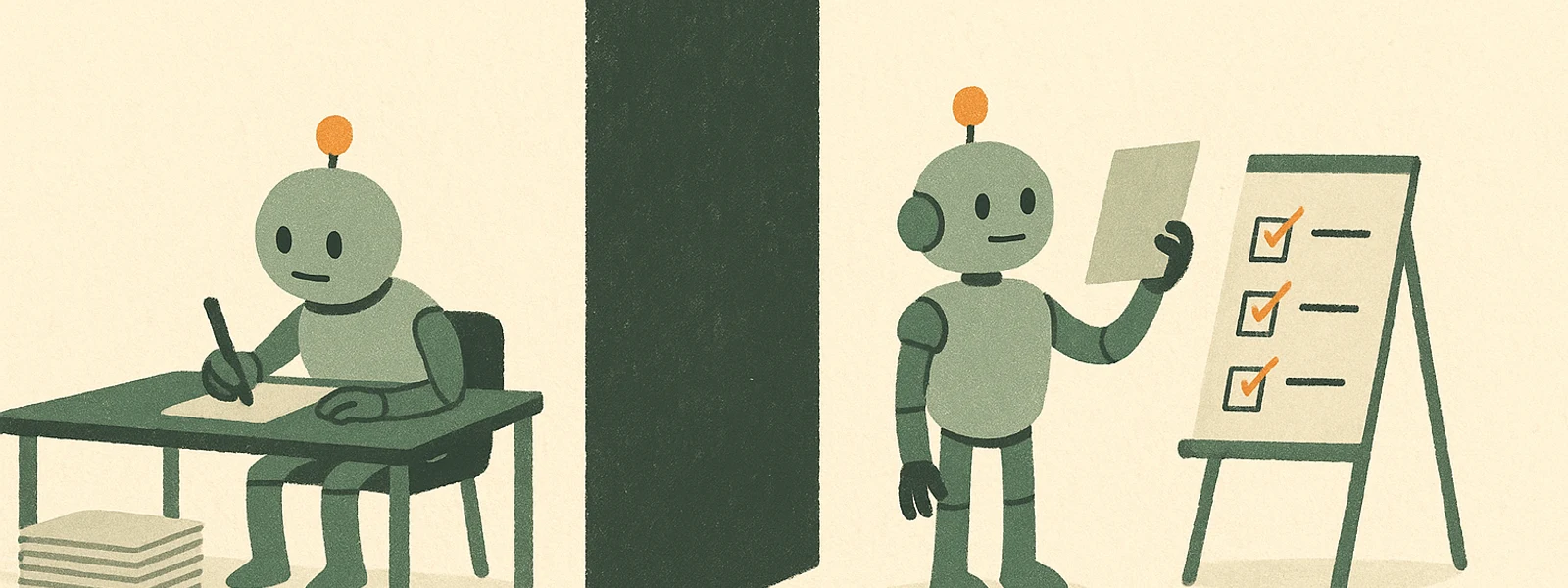 Two robots at desks separated by a wall, one writing, one grading against a checklist