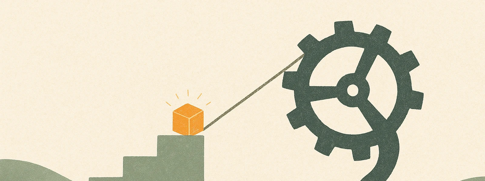 A ratchet gear hoisting an orange cube up a set of steps