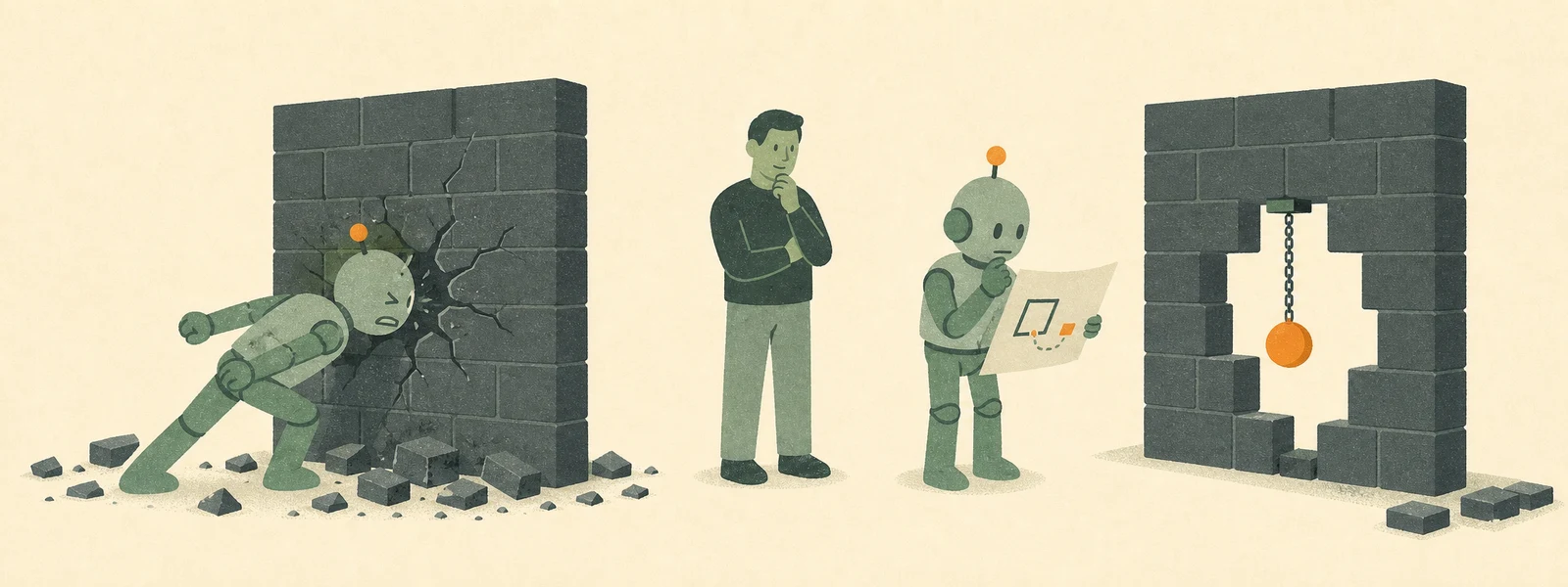 One AI model smashes through a brick wall while another studies a plan for a clean opening made with a wrecking ball