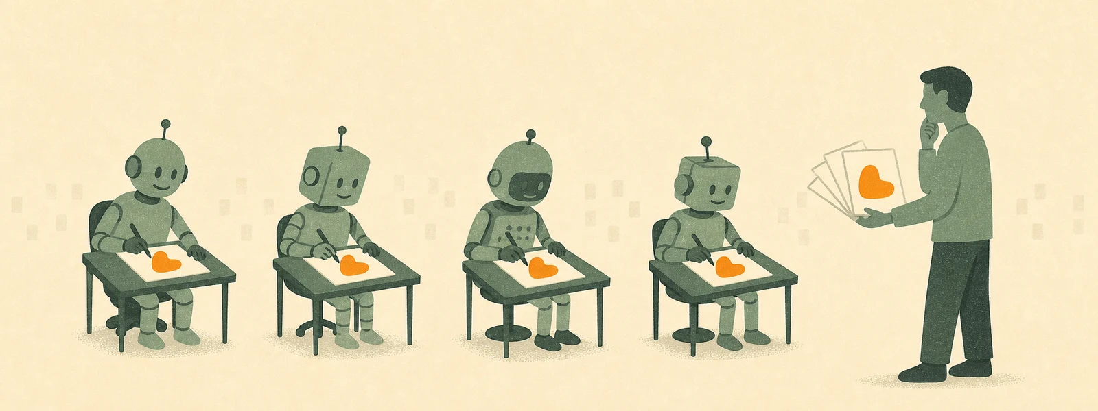 Four differently shaped AI models produce the same orange form while a human compares their nearly identical work