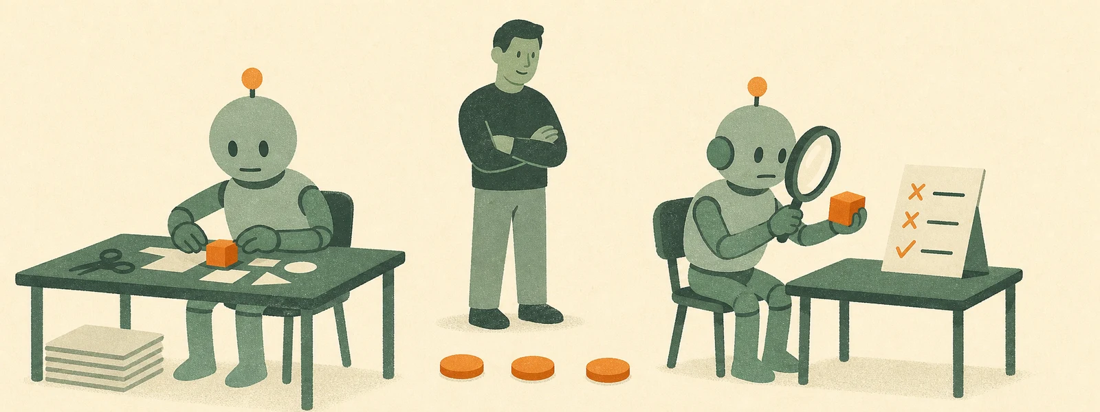 One robot makes an orange object while a fresh checker robot inspects it against a short list, with a human watching and three rounds marked between them